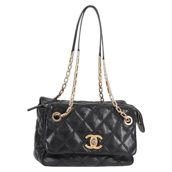 CHANEL Matelasse Chain Shoulder Bag Lamb Skin Black Gold CC Auth 127921M - Picture 1 of 15